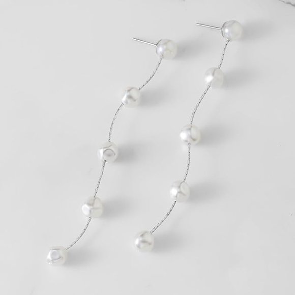 4" Long Baroque Pearl Silver Chain Earrings Bridal Bride Chains Faux Pearls New - Picture 6 of 7
